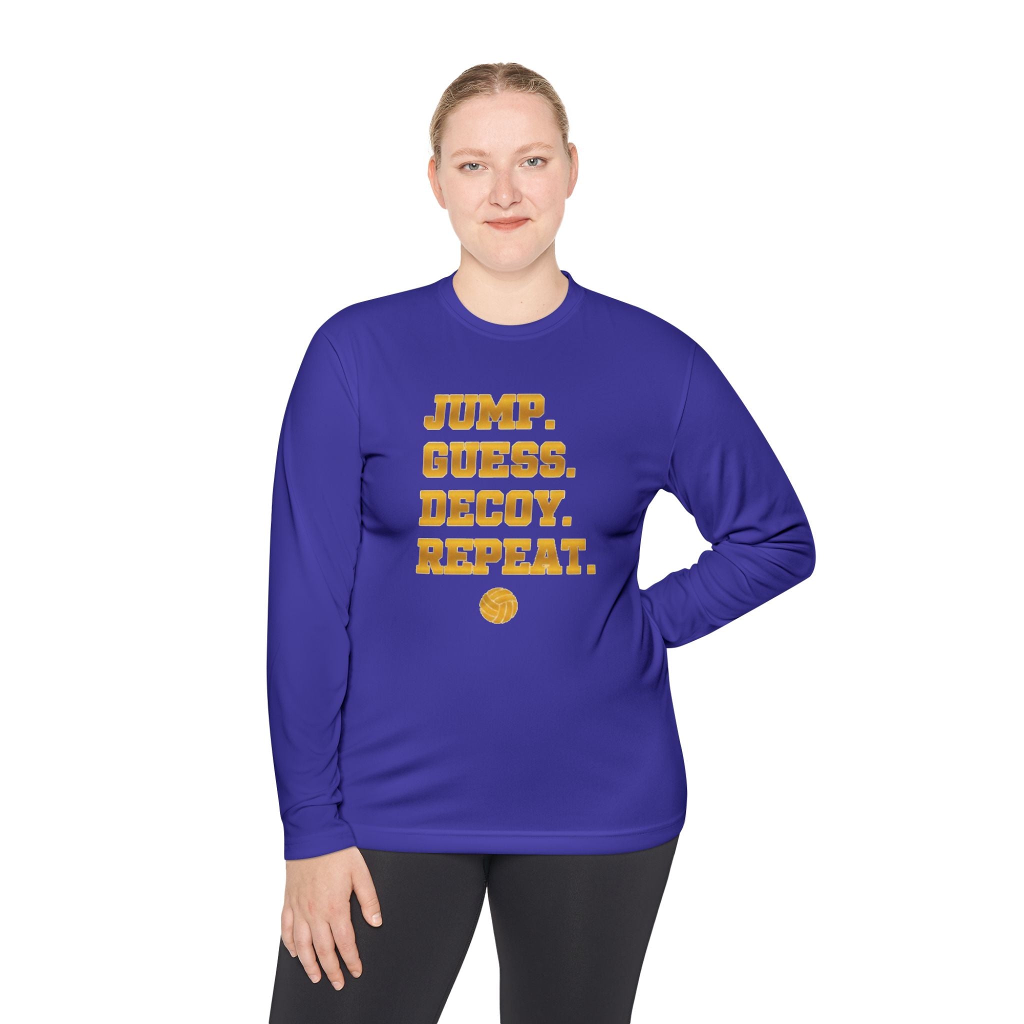 "Jump. Guess. Decoy. Repeat." —  Volleyball Middle Hitter Warm up Long Sleeve