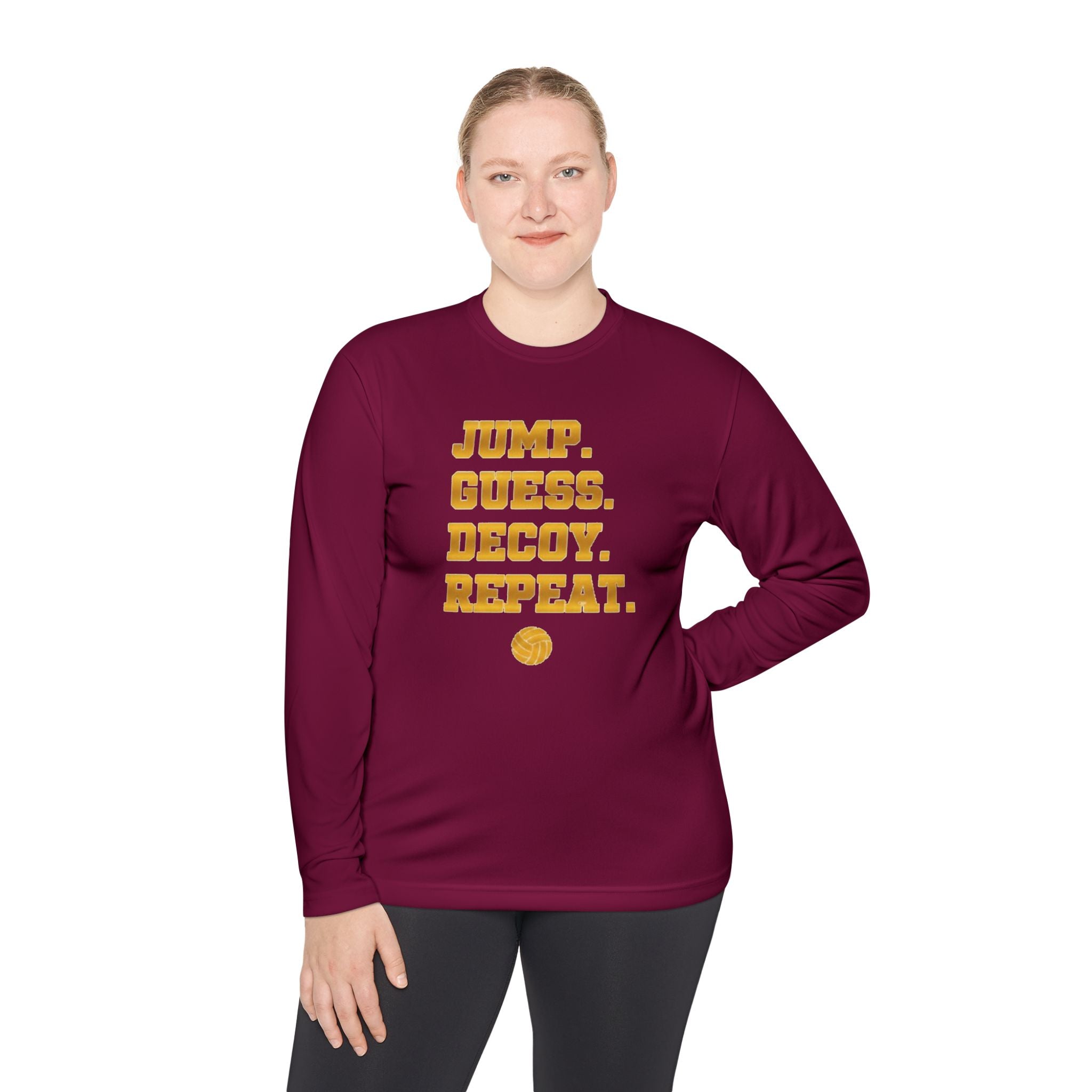 "Jump. Guess. Decoy. Repeat." —  Volleyball Middle Hitter Warm up Long Sleeve