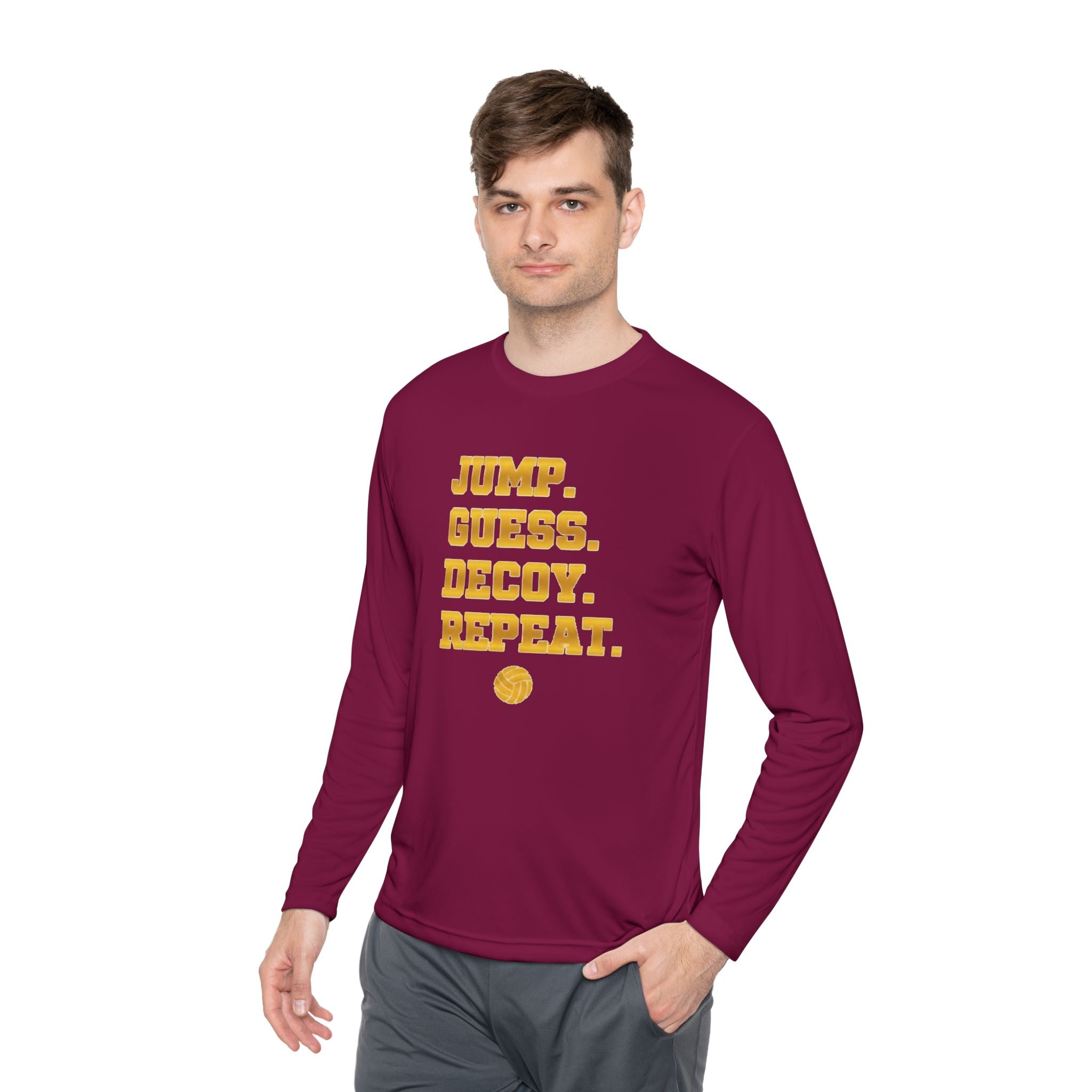 "Jump. Guess. Decoy. Repeat." —  Volleyball Middle Hitter Warm up Long Sleeve