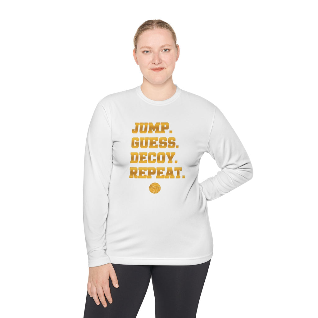 "Jump. Guess. Decoy. Repeat." —  Volleyball Middle Hitter Warm up Long Sleeve